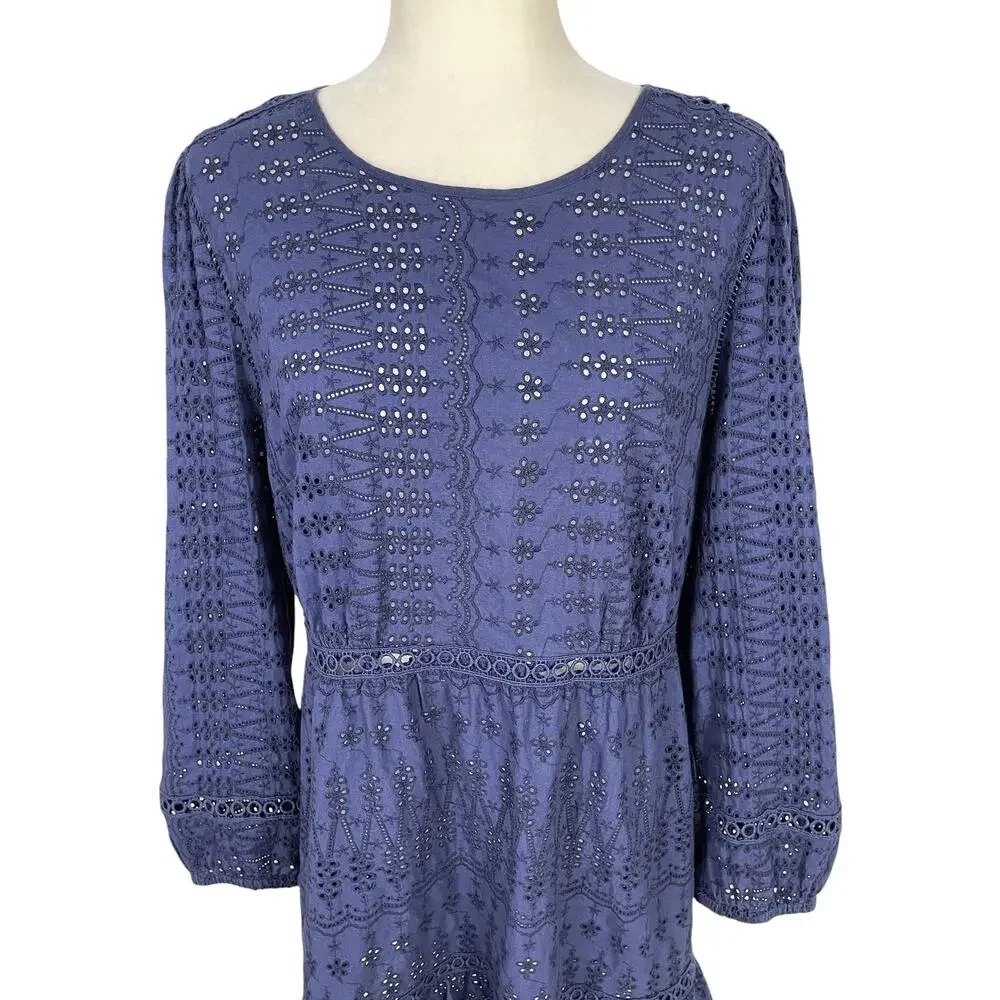 J. Crew Cotton Eyelet Lace Flutter Hem Dress Navy Blue Sz 12 Boho Chic Romantic
